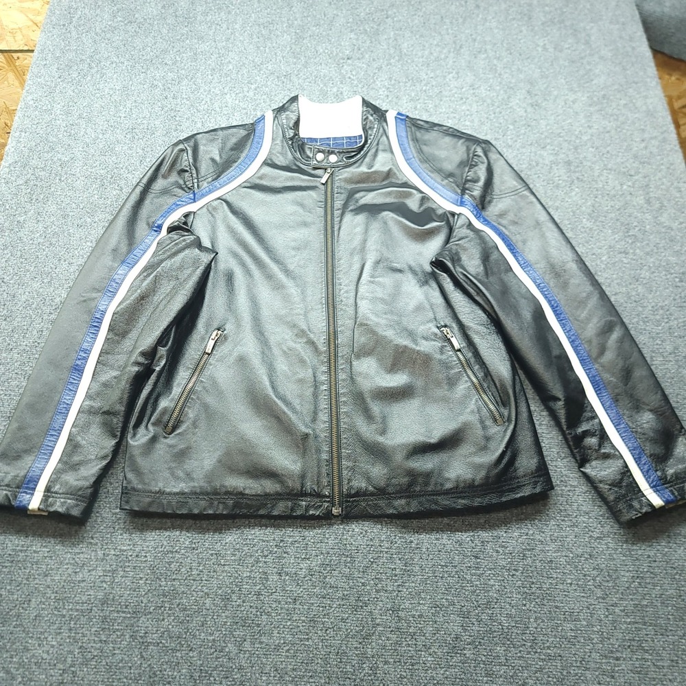 Wilsons Leather M Julian Mens XL Black Leather Cafe Racer Jacket Blue Stripe Y2K
